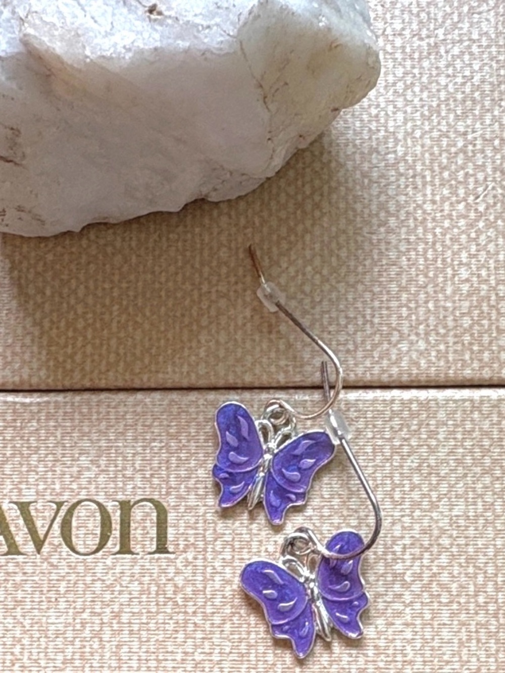 Vintage Y2K Avon Purple & Silver  Butterfly Dangle Earrings NIB Small 1/2”